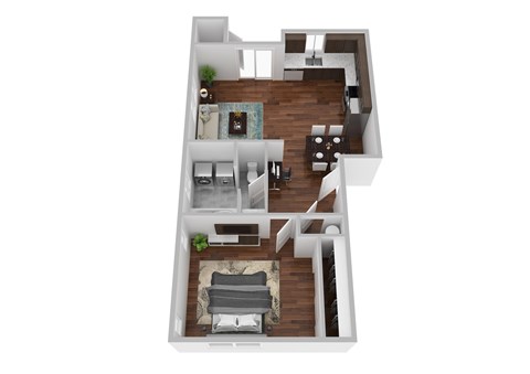 Floor plan for 1 bed, 1 bath, 664 sqft